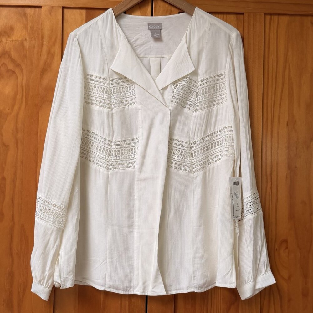 Chicos Ivory Blouse Womens 8 10 Ivory New Boho Relax Career Mature Academia‎ New